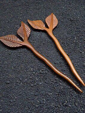 Hand Carved Teak Wood Hair Pin Set "2 Leaves" Matte Finish Hair Stick